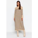 Trendyol Stone Sleeves Button Detailed Striped Knitwear Dress Cene