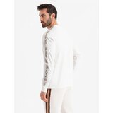 Ombre Men's cotton U-neck longsleeve with piping and chest print - broken white | ePonuda.com