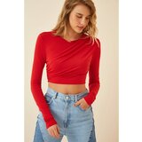 Happiness İstanbul Women's Red Pleated Crop Knitted Blouse Cene