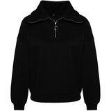 Trendyol Black Zipper Standing Collar Thick Fleece Inside Regular Fit Knitted Sweatshirt cene