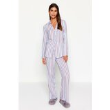 Trendyol Blue Striped Slit Detailed Shirt-Pants Woven Pajamas Set Cene