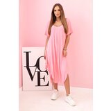 Kesi Włoski Damenkleid aus Viskose mit kurzen Ärmeln und ausgestelltem Saum light pink | Shoptok.si