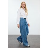 Trendyol Blue Belt Detailed Pleated High Waist Wide Leg Jeans Cene