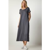 Happiness İstanbul Women's Anthracite Daily Pocket Knitted Combed Combed Dress Cene