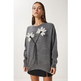 Happiness İstanbul Women's Anthracite Floral Detailed Knitwear Sweater Cene