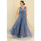 By Saygı V-Neck Waist Stone Lined Top Silvery Inner Satin Long Princess Dress | ePonuda.com