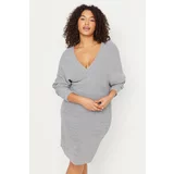 Trendyol Curve Plus Size Dress - Gray - Double-breasted