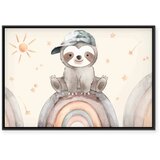  Slika - Happy Sloth - Sloth in Subdued Colors Wearing a Cap Sitting on a Rainbow Among Little Stars 120x80 U crnom drvenom okvir | shoptok.hr