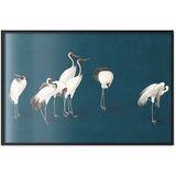  Plakat - Evening at the Pond - group of cranes drawn in dry pastel on a dark turquoise background 60x40 Crni okvir | shoptok.hr