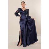 By Saygı Navy Blue Double Breasted Collar Long Satin Dress with Tulle Shimmer Embellishment and Front Pleat Lined. cene