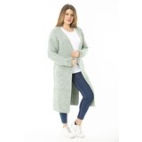 Şans Women's Plus Size Green Long Cardigan with Slits, a Thick Knitwear cene