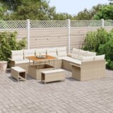 vidaXL set od 13 dijelova vrtnih sofa s jastučićima bež poli ratan akacije, dvostruka vrtna sofa s jastučićima bež poli ratan, set od 3 dijela za vrt s jastučićima bež poli ratan akacije | shoptok.hr