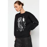 Trendyol Black Regular / Regular Printed Crewneck Thick / Fleece Inside Knitted Sweatshirt Cene