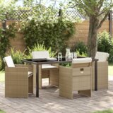 vidaXL 5-dijelni vrtni set za blagovanje s jastučićima bež poly ratan, vrtni stol crni 160x80x73 cm staklo otpornosti na udarce | shoptok.hr