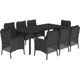 VidaXL Vrtna garnitura - 9-dijelni vrtni blagovaonski set s jastucima crni od poliratana - Crna Dužina stola 190 cm 8 Slike
