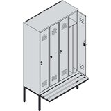 C+P Garderobna omara s klopjo Classic PLUS, 4 deli, predelna stena na sredini, svetlo sive / encijan modre barve, Š 1200 mm, varnostni vrtljivi zapah, | Shoptok.si