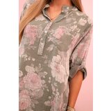 Kesi Włoski Women's cotton shirt with floral pattern and roll-up sleeves khaki | shoptok.hr