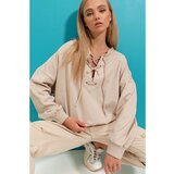 Trend Alaçatı Stili Women's Beige Lace-Up Oversized Sweatshirt Cene