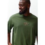 Trendyol Large Size Men's Green Oversize/Wide Cut Comfortable Printed 100% Cotton T-Shirt Cene