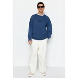 Trendyol Indigo Men's Oversized Crew Neck 100% Cotton Washed Effect Thick Rock Printed Sweatshirt.