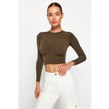 Trendyol Khaki Standing Collar Fitted/Simple Long Sleeves Gathered Flexible Knitted Blouse | Shoptok.si
