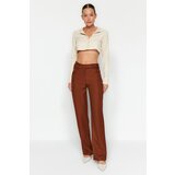 Trendyol Brown High Waist Straight Woven Trousers With Belt Detail | Shoptok.si