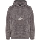Trendyol Men's Gray Oversized Hoodie Long Sleeved Sweatshirt with Pockets. Thick Plush Mountains and Embroidery. | shoptok.hr