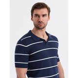 Ombre Men's horizontal striped polo shirt with viscose - navy blue and white | ePonuda.com