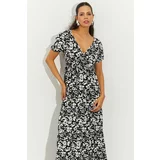 Cool & Sexy Women's Black and White Floral Double-breasted Crepe Midi Dress