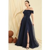 By Saygı Frilly Belted Collar And Sleeves Lined Long Tulle Dress | Shoptok.si