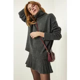 Happiness İstanbul Women's Dark Gray Turtleneck Sweater Skirt Knitwear Suit