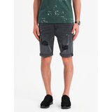 Ombre Men's short denim shorts with rubbing and rolled up leg - gray | ePonuda.com