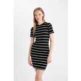 Defacto Coool Bodycon Crew Neck Striped Ribbed Camisole Short Sleeve Mini Dress Cene