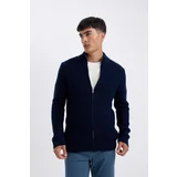 Defacto Men's Navy Blue Standard Fit Regular Cut Half Turtleneck Waffle Cardigan