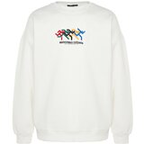 Trendyol Men's Ecru Oversized Olympic Embroidery and Printed Cotton Sweatshirt with a Soft Pile inside. Cene