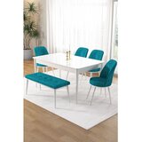 Hanah home trpezarijski set Pir, sto, 4 stolice i klupa, bela ploča, tirkizna tkanina Babyface | Eponuda.com