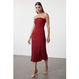 Trendyol Red Straight Cut Button Detail Strapless Midi Woven Dress Cene