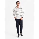 Ombre Men's horizontal striped polo longsleeve with viscose - white and navy blue Cene