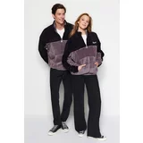 Trendyol Black Unisex Plus Size Oversize Comfy Color Block Embroidered Zipper Plush Sweatshirt.