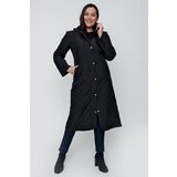 By Saygı Carrying Hooded Fur Inside With Pocket Diamond Patterned Plus Size Coat Black | shoptok.hr