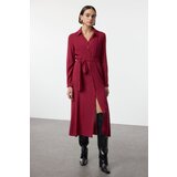 Trendyol Burgundy Belted Viscose Midi Woven Dress