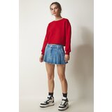  Women's Red Crew Neck Raised Crop Knitted Sweatshirt Cene