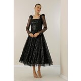 By Saygı Square Neck Long Sleeve Lined Sequined Beaded Dress | shoptok.hr