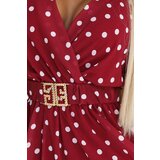 numoco basic 604-1 Sensual burgundy dress with white polka dots, envelope neckline and decorative belt | shoptok.hr