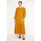 Şans Women's Orange Plus Size Woven Viscose Fabric Tiered Long Sleeve Dress Cene