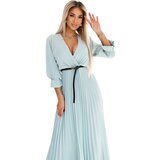 numoco basic 462-3 SERENA Pleated maxi dress with neckline, belt and 3/4 sleeves - Pastel Sage | Shoptok.si