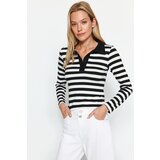 Trendyol Black Striped Soft Fabric Fitted/Simple Polo Collar Flexible Knitted Blouse with Buttons Cene