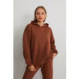 BİKELİFE Women's Brown Oversize Raised Three Thread Hooded Sweatshirt