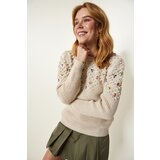 Happiness İstanbul Cream Floral Embroidered Textured Knitwear Sweater Cene