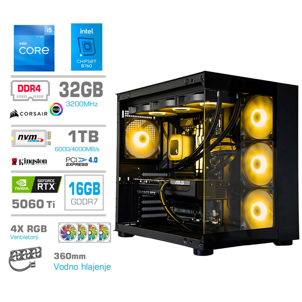 Računalnik MT S5 i5-12600K/RTX5060Ti-16GB/16GB/1TB-4.0/750W/Brez OS/črna RGB + Estetski napajalni kabli [Rumena / Črna), (5000130867)
